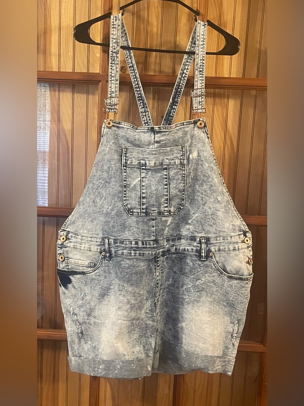 Acid Wash Denim Overall Shorts - Blue